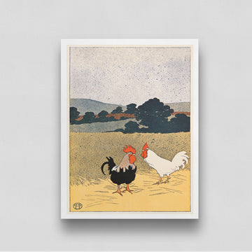 Two Roosters in A Field by Edward Penfield 3 : 4 Vertical New Premium Wall Art Canvas by MeriDeewar