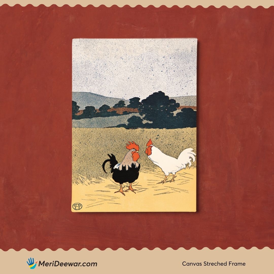 Two Roosters in A Field by Edward Penfield 3 : 4 Vertical New Premium Wall Art Canvas by MeriDeewar