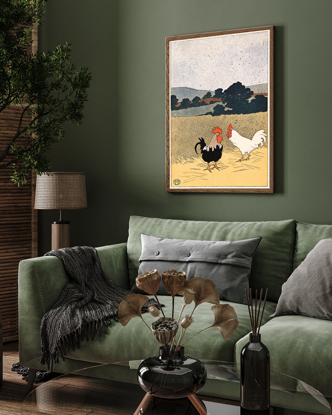 Two Roosters in A Field by Edward Penfield 3 : 4 Vertical New Premium Wall Art Canvas by MeriDeewar