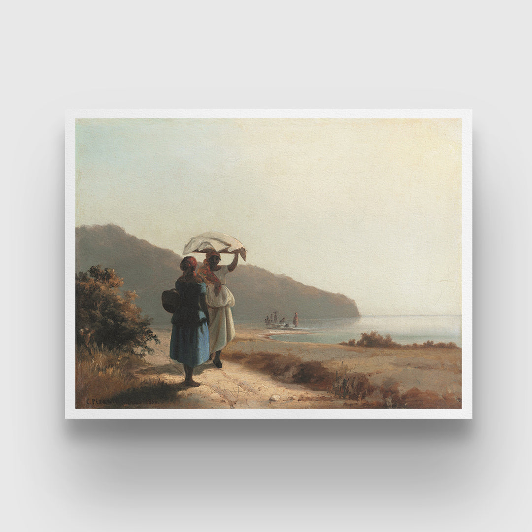 Two Women Chatting by the Sea Painting By Camille Pissarro 3 : 4 Horizontal New Premium Wall Art Canvas by MeriDeewar