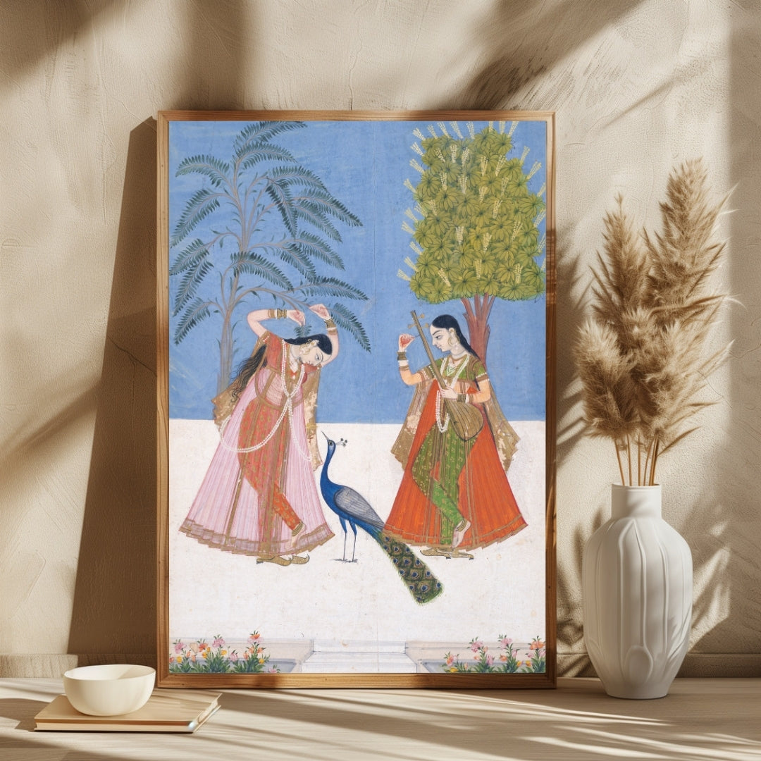 Two Women & Peacock Gujara Ragini Painting – MeriDeewar 2 : 3 Vertical Premium Wall Art Canvas by MeriDeewar