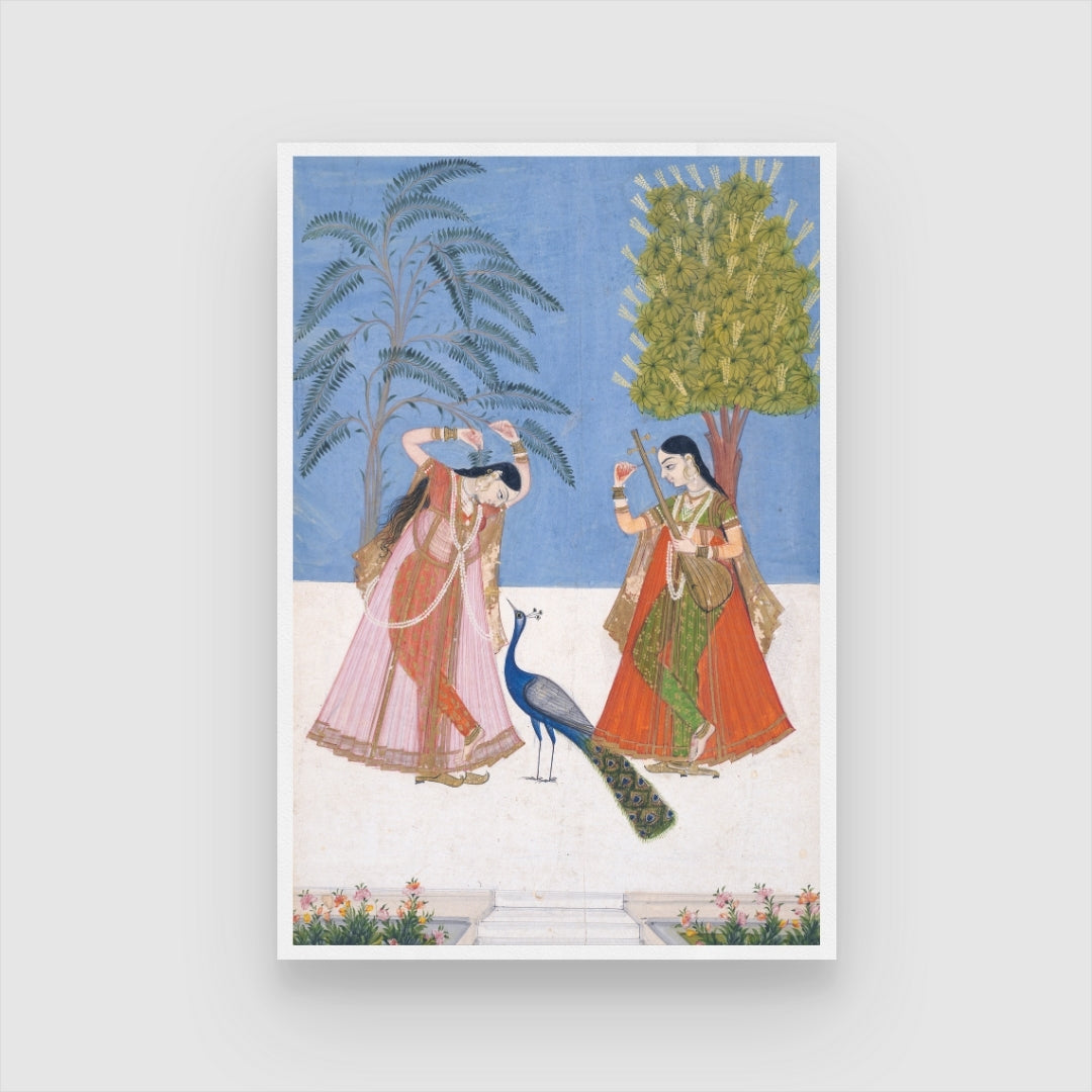Two Women & Peacock Gujara Ragini Painting – MeriDeewar 2 : 3 Vertical Premium Wall Art Canvas by MeriDeewar
