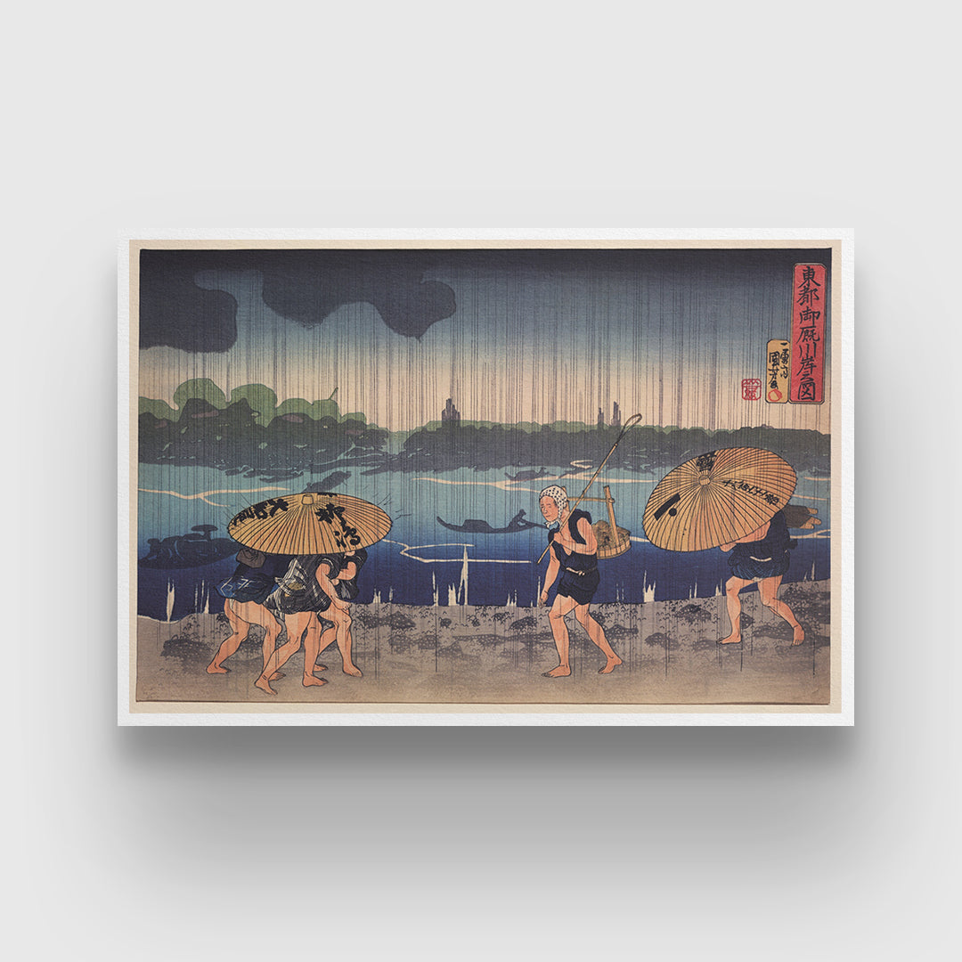 Ukiyo-e print of People walking beneath umbrellas along the seashore during a rainstorm by Utagawa Kuniyoshi 3 : 4 Horizontal New Premium Wall Art Canvas by MeriDeewar