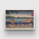 Ukiyo-e print of People walking beneath umbrellas along the seashore during a rainstorm by Utagawa Kuniyoshi 3 : 4 Horizontal New Premium Wall Art Canvas by MeriDeewar