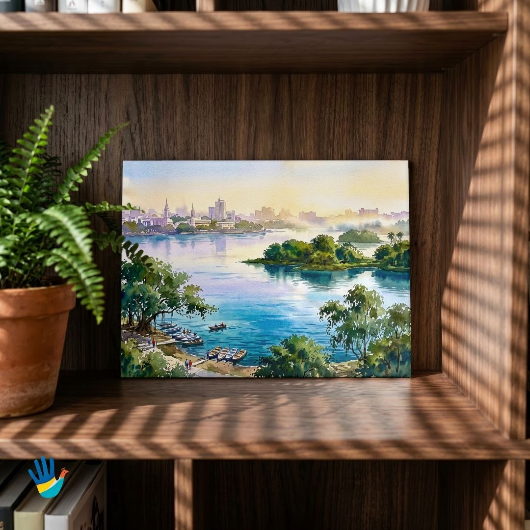 Ulsoor Lake at Dawn | Bangalore Landscape Watercolor Heritage Framed Art 4 : 3 Horizontal Premium Wall Art Canvas by MeriDeewar