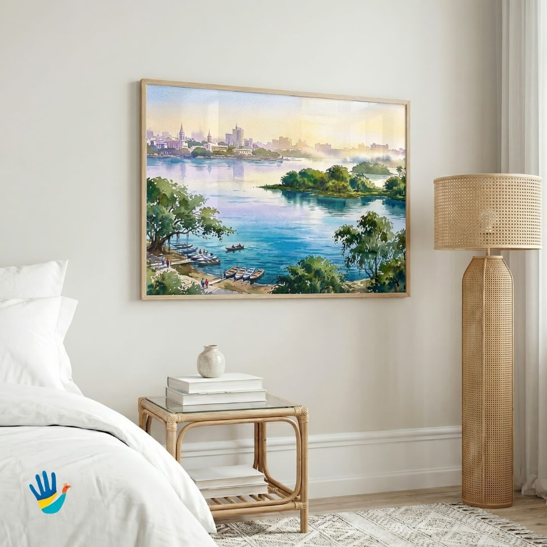 Ulsoor Lake at Dawn | Bangalore Landscape Watercolor Heritage Framed Art 4 : 3 Horizontal Premium Wall Art Canvas by MeriDeewar