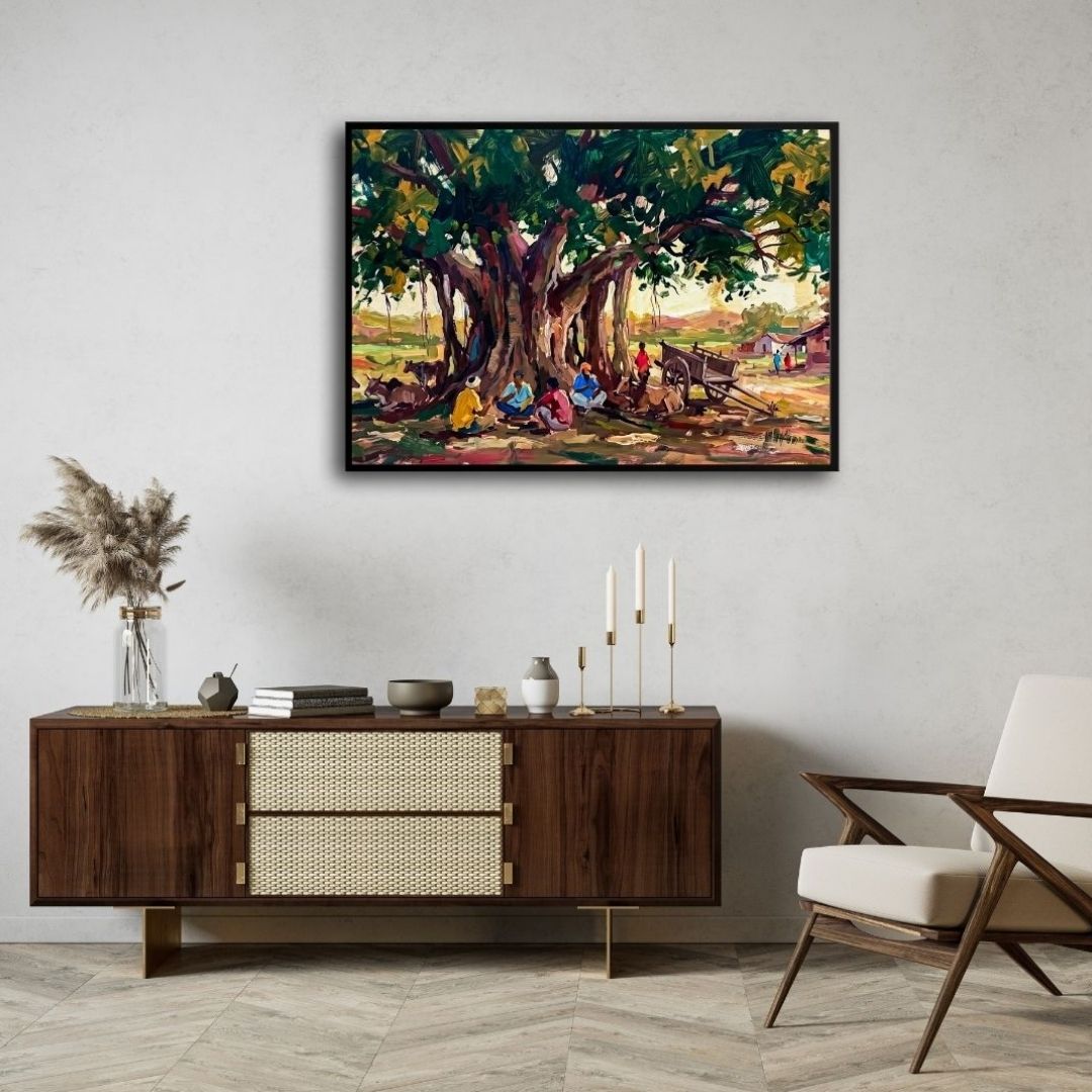 Under the Banyan Tree | Rural Indian Village Gathering Gallery Wrap Canvas Art Curate Black Premium Wall Art Canvas by MeriDeewar
