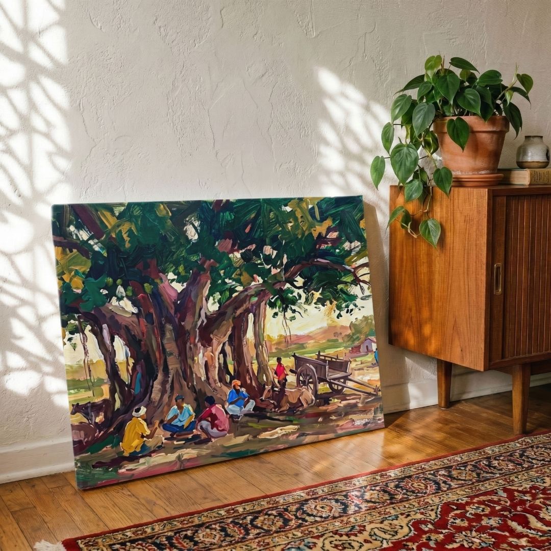Under the Banyan Tree | Rural Indian Village Gathering Gallery Wrap Canvas Art Curate Premium Wall Art Canvas by MeriDeewar
