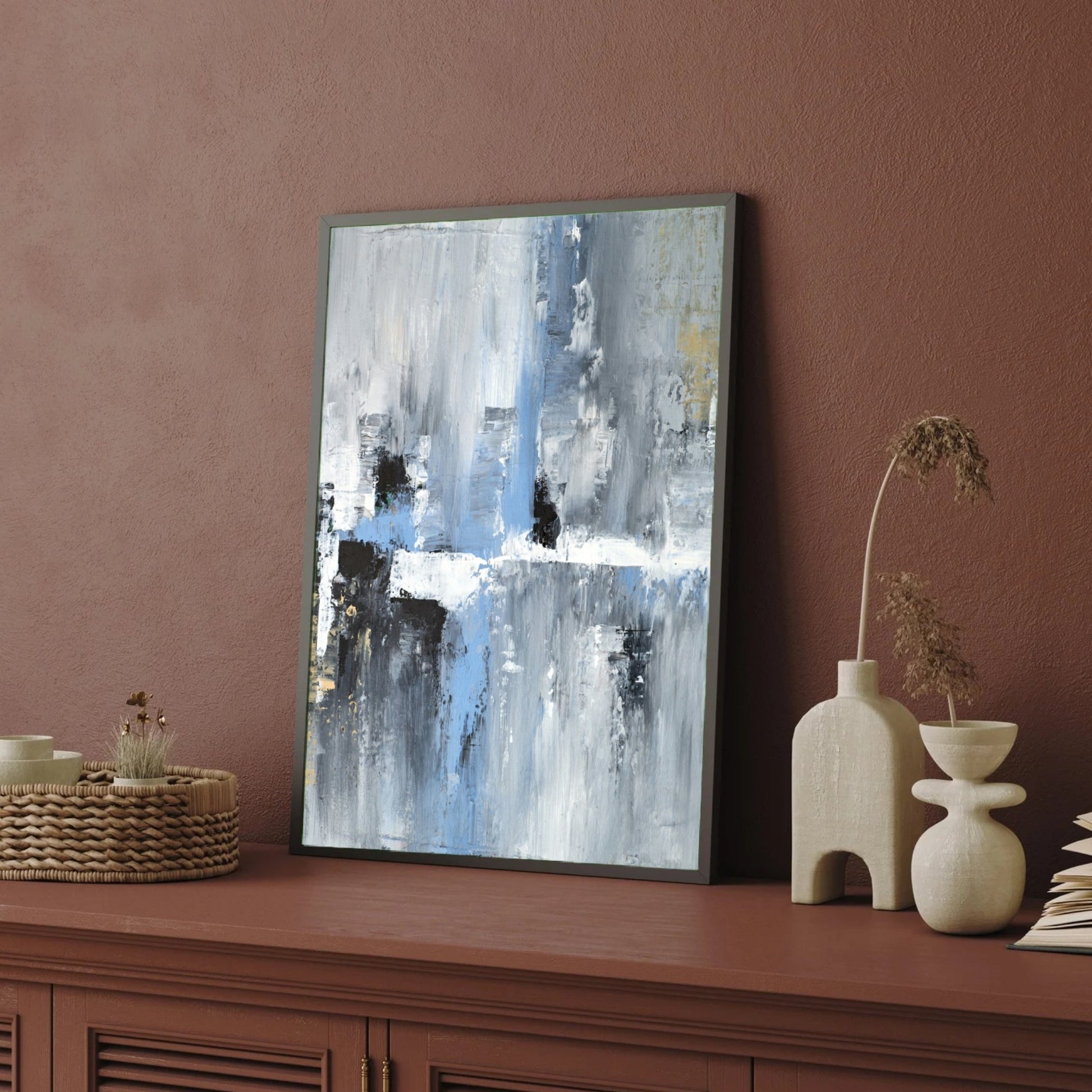 Urban Calm – Modern Blue Grey Wall Painting 2 : 3 Vertical Premium Wall Art Canvas by MeriDeewar