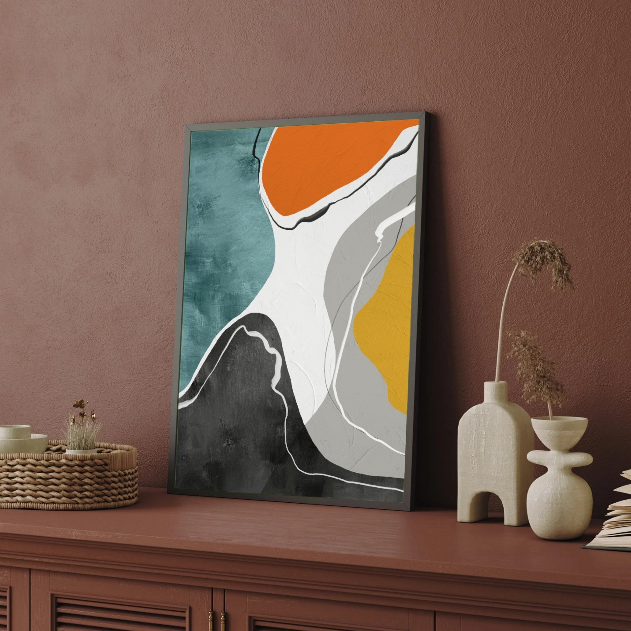 Urban Flow – Modern Abstract Canvas Painting in Teal, Mustard & Charcoal Tones 2 : 3 Vertical Premium Wall Art Canvas by MeriDeewar