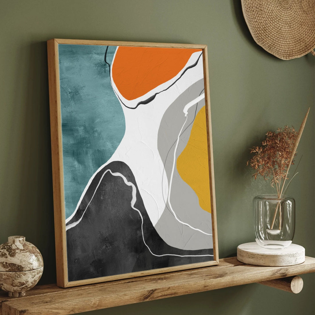 Urban Flow – Modern Abstract Canvas Painting in Teal, Mustard & Charcoal Tones 2 : 3 Vertical Premium Wall Art Canvas by MeriDeewar
