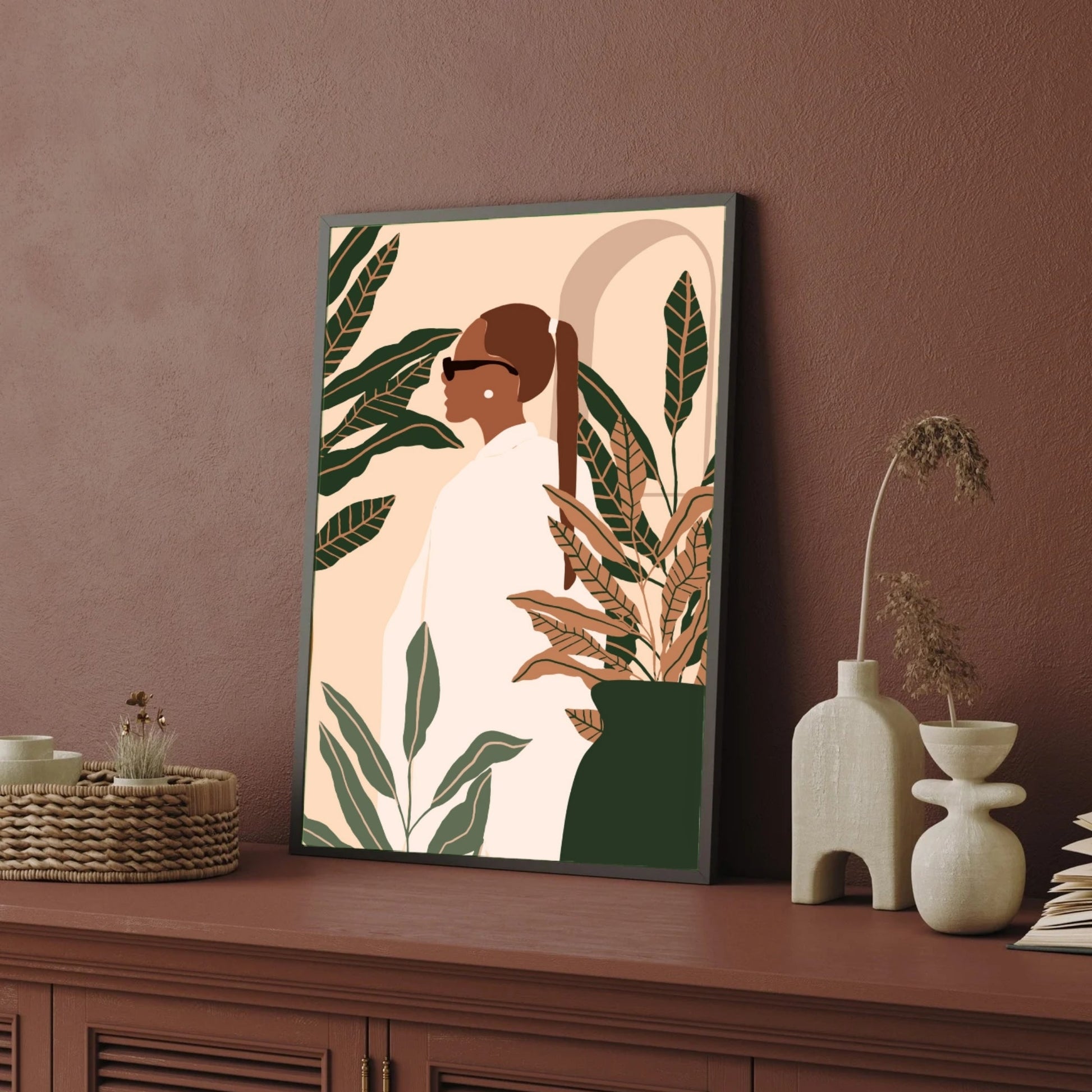 Urban Jungle – Modern Woman with Plants Wall Art Print 2 : 3 Vertical Premium Wall Art Canvas by MeriDeewar