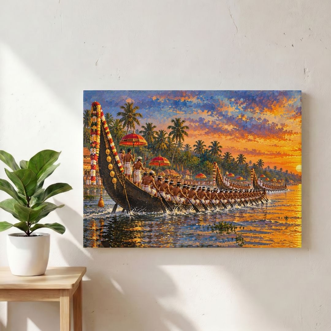 Vallam Kali | Kerala Snake Boat Race Sunset Gallery Wrap Canvas Curate Gallery Wrap Premium Wall Art Canvas by MeriDeewar