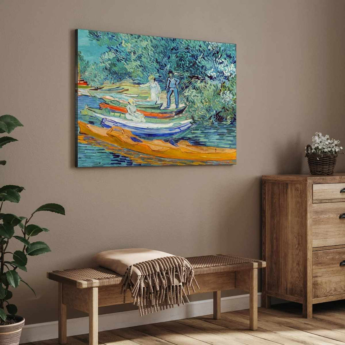 Van Gogh River Scenery Painting for Living Room | Boats on Oise Wall Art | MeriDeewar 5 : 4 Horizontal Premium Wall Art Canvas by MeriDeewar