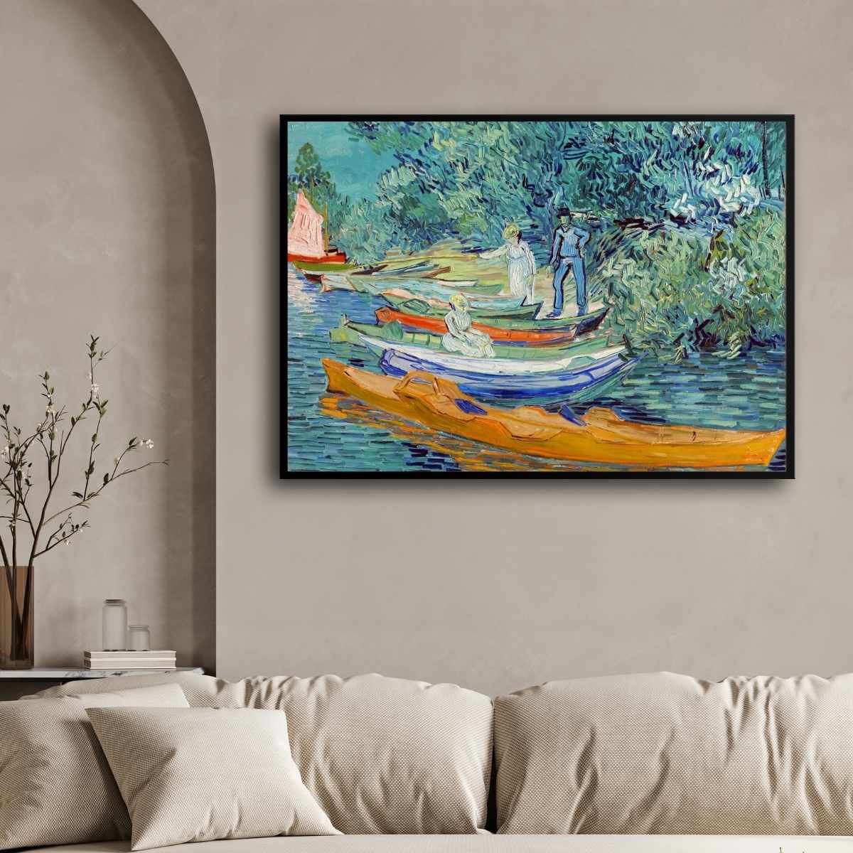 Van Gogh River Scenery Painting for Living Room | Boats on Oise Wall Art | MeriDeewar 4 : 3 Horizontal Premium Wall Art Canvas by MeriDeewar