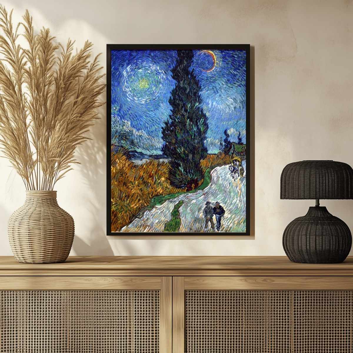 Van Gogh Scenery Painting for Living Room | Road with Cypress & Star Night Landscape Wall Art 3 : 4 Vertical Premium Wall Art Canvas by MeriDeewar