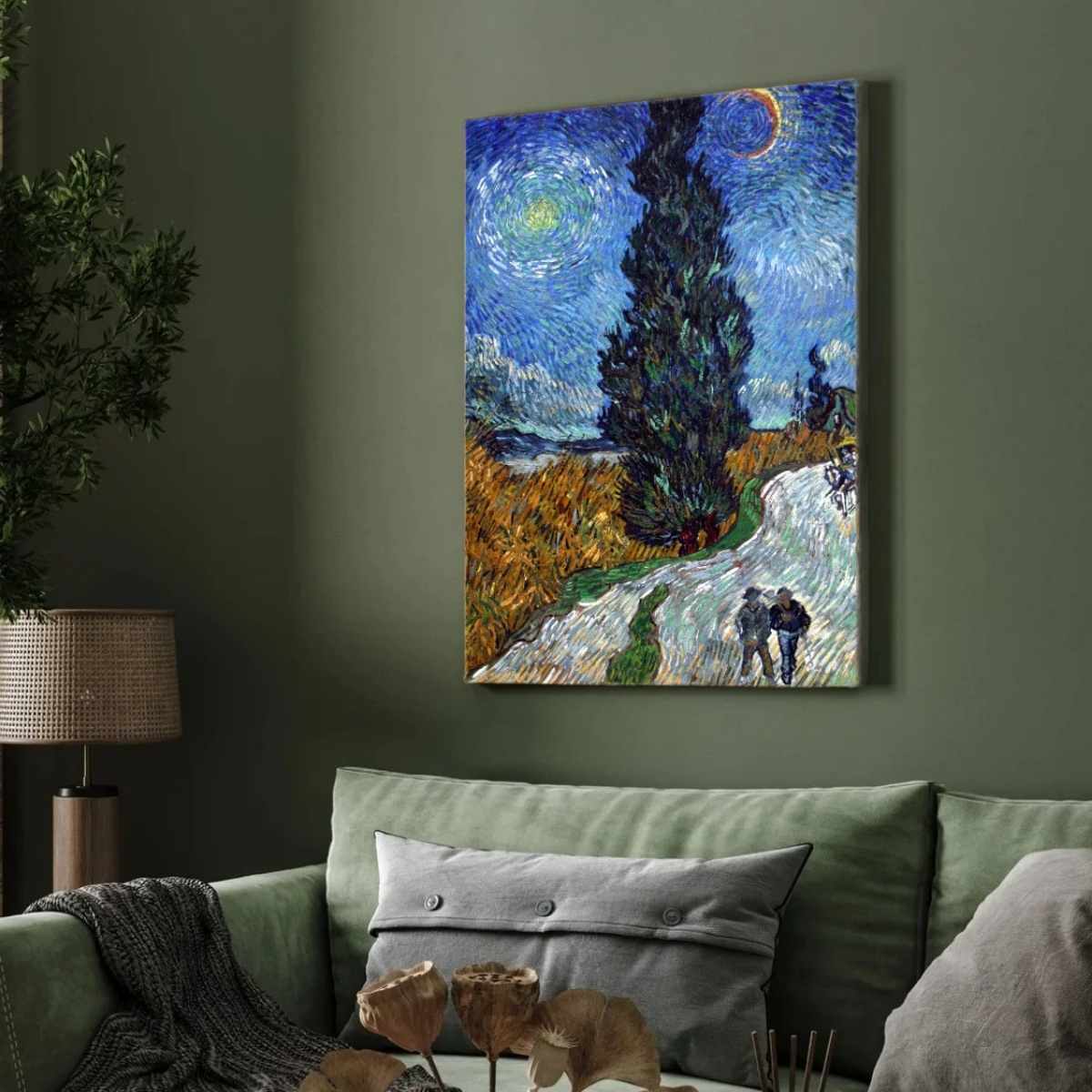Van Gogh Scenery Painting for Living Room | Road with Cypress & Star Night Landscape Wall Art 3 : 4 Vertical Premium Wall Art Canvas by MeriDeewar