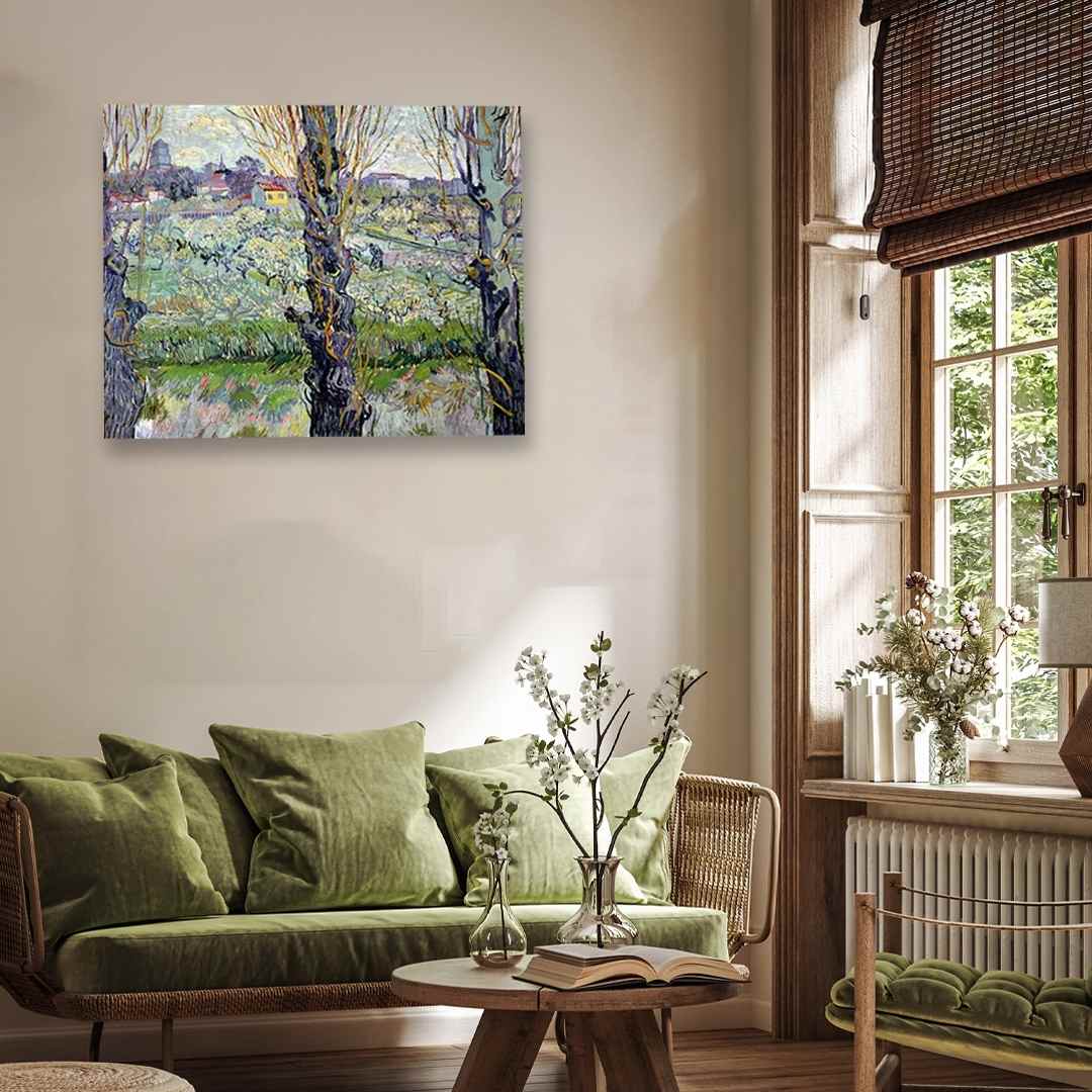 Van Gogh Spring Scenery Painting for Living Room | Flowering Orchards Nature Wall Art 2 : 1 Horizontal Premium Wall Art Canvas by MeriDeewar