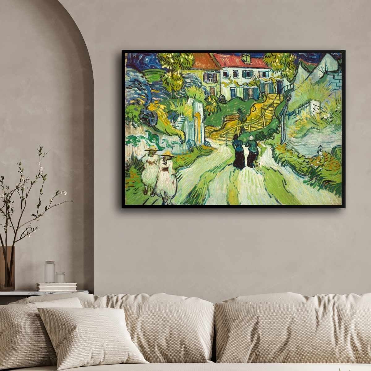 Van Gogh Stairway at Auvers Scenery Painting for Living Room | French Village Wall Art 3 : 2 Horizontal Premium Wall Art Canvas by MeriDeewar