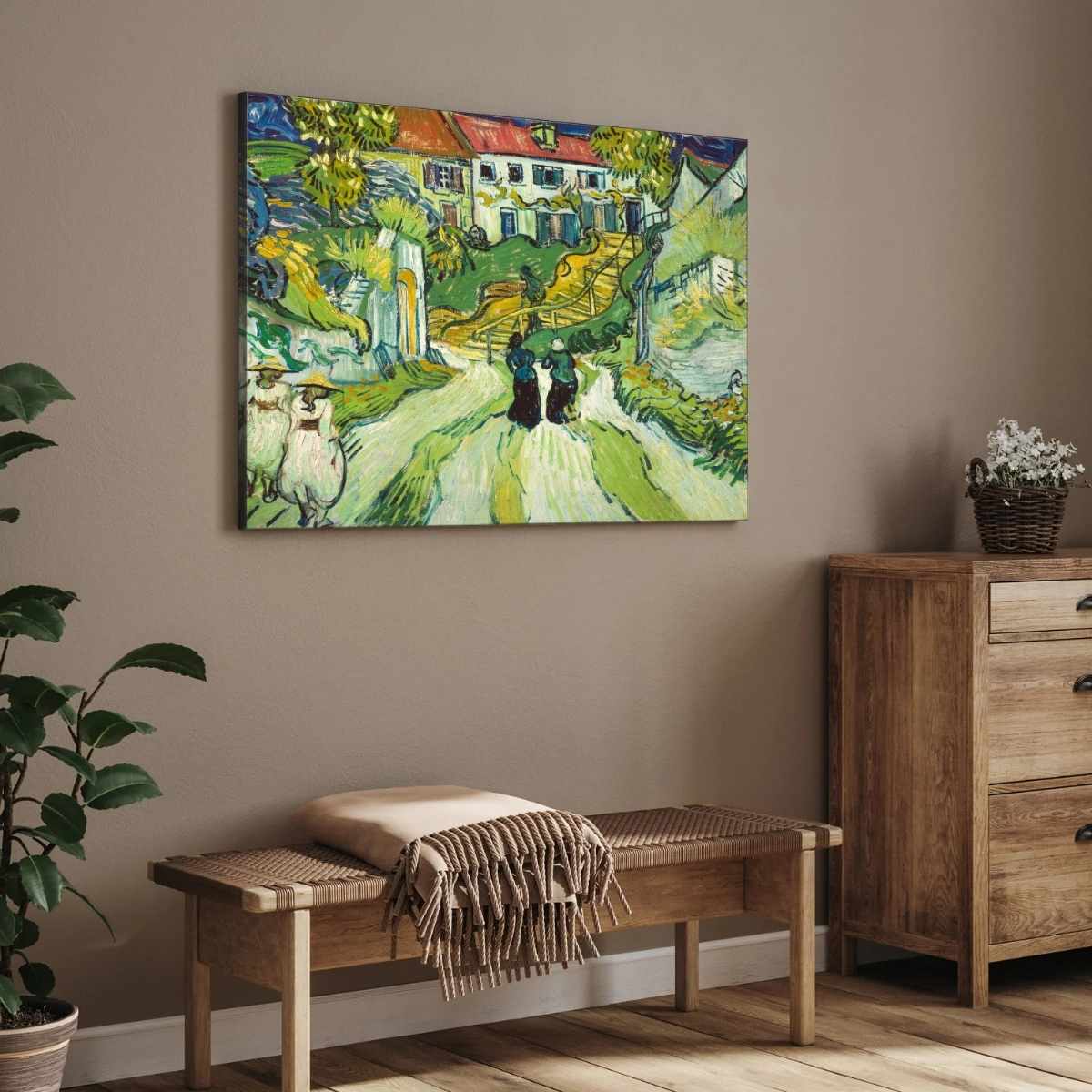 Van Gogh Stairway at Auvers Scenery Painting for Living Room | French Village Wall Art 3 : 2 Horizontal Premium Wall Art Canvas by MeriDeewar