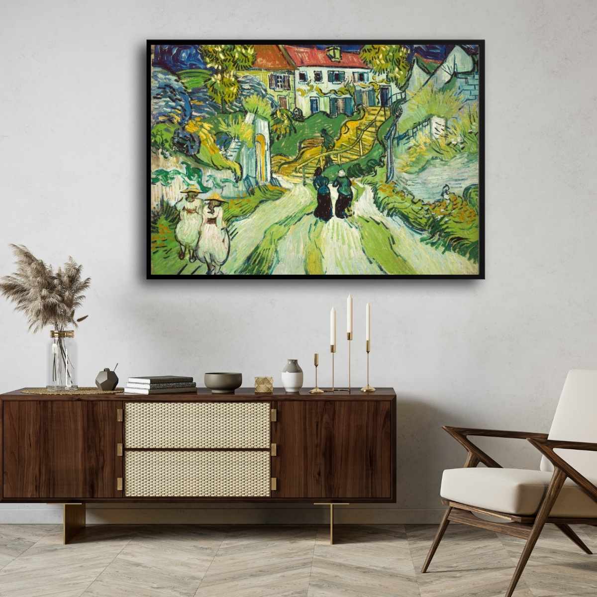 Van Gogh Stairway at Auvers Scenery Painting for Living Room | French Village Wall Art 3 : 2 Horizontal Premium Wall Art Canvas by MeriDeewar