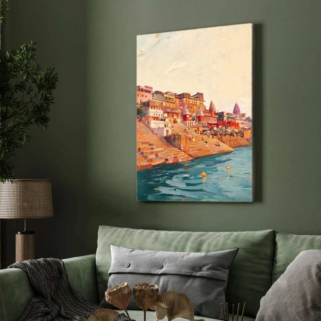 Varanasi Ganga Ghats Impressionist Painting | Vertical Heritage Framed Wall Art 2 : 3 Vertical Premium Wall Art Canvas by MeriDeewar