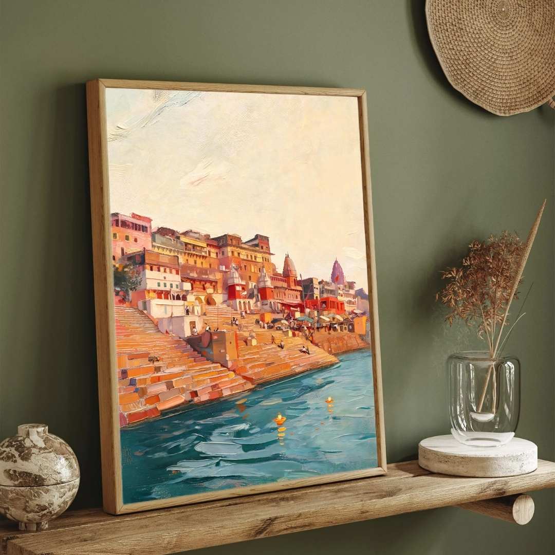 Varanasi Ganga Ghats Impressionist Painting | Vertical Heritage Framed Wall Art 2 : 3 Vertical Premium Wall Art Canvas by MeriDeewar