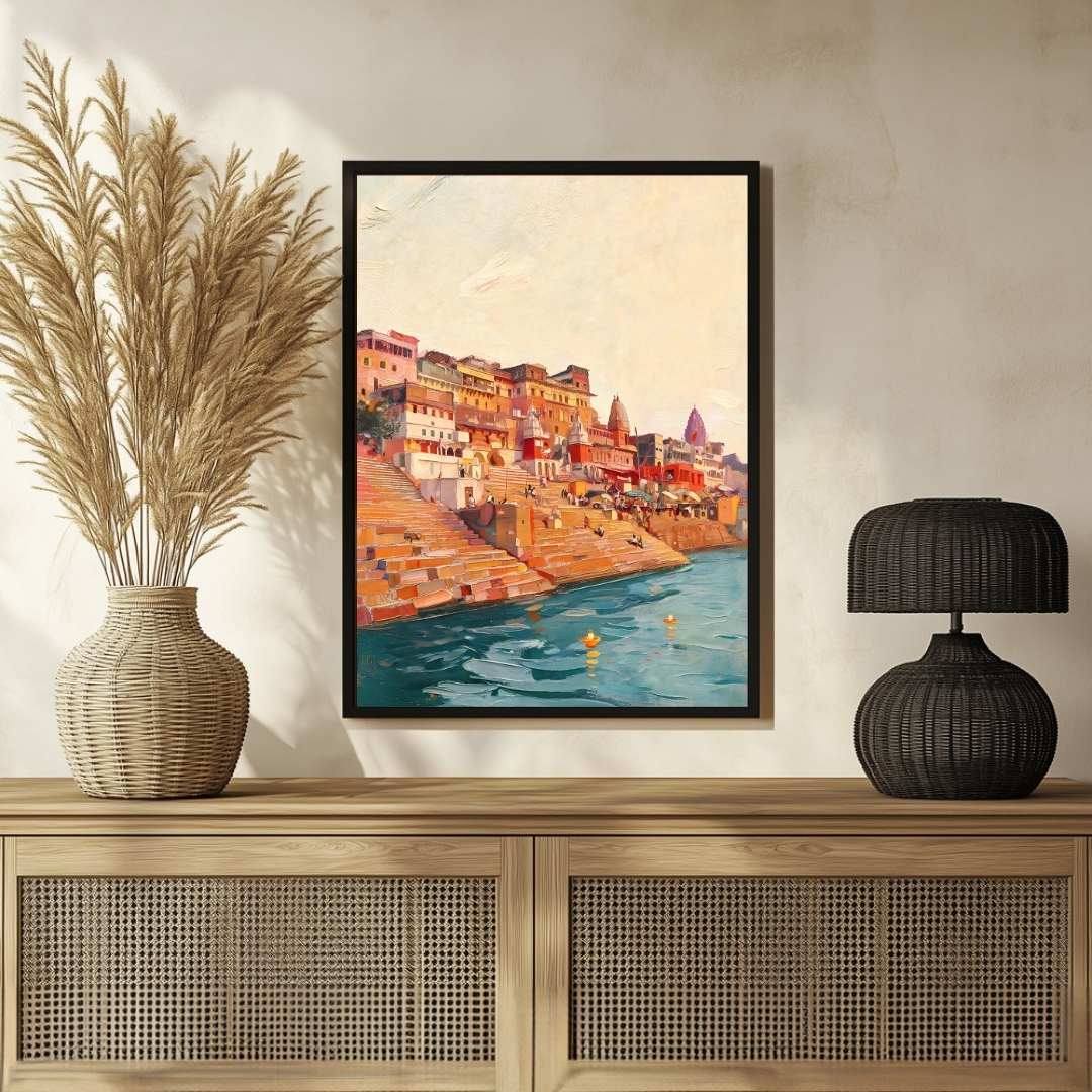 Varanasi Ganga Ghats Impressionist Painting | Vertical Heritage Framed Wall Art 2 : 3 Vertical Premium Wall Art Canvas by MeriDeewar