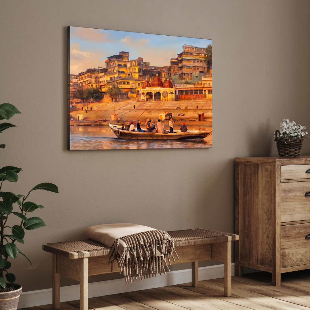 Varanasi Ghat Painting for Living Room | Banaras Spiritual Wall Art | Giclée Print 3 : 2 Horizontal Premium Wall Art Canvas by MeriDeewar