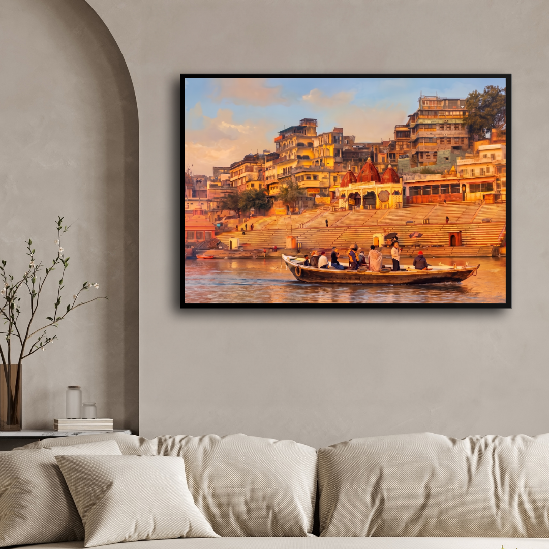 Varanasi Ghat Painting for Living Room | Banaras Spiritual Wall Art | Giclée Print 3 : 2 Horizontal Premium Wall Art Canvas by MeriDeewar