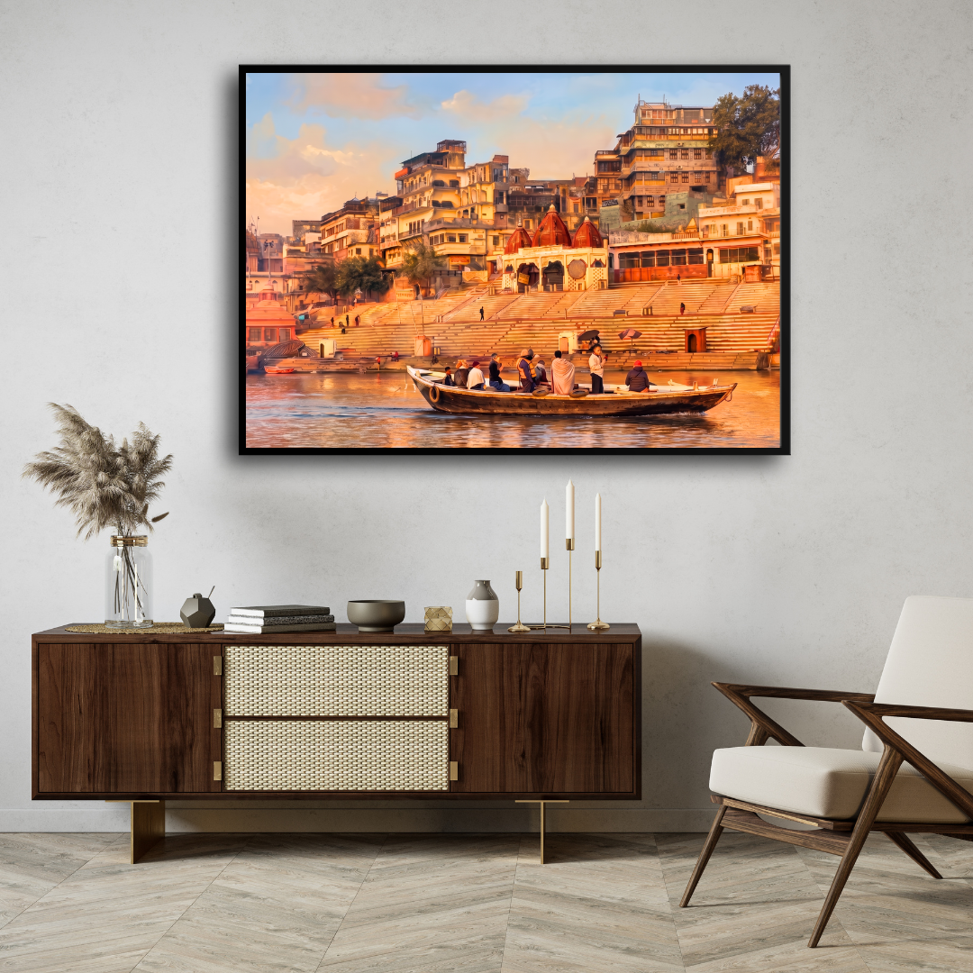 Varanasi Ghat Painting for Living Room | Banaras Spiritual Wall Art | Giclée Print 3 : 2 Horizontal Premium Wall Art Canvas by MeriDeewar