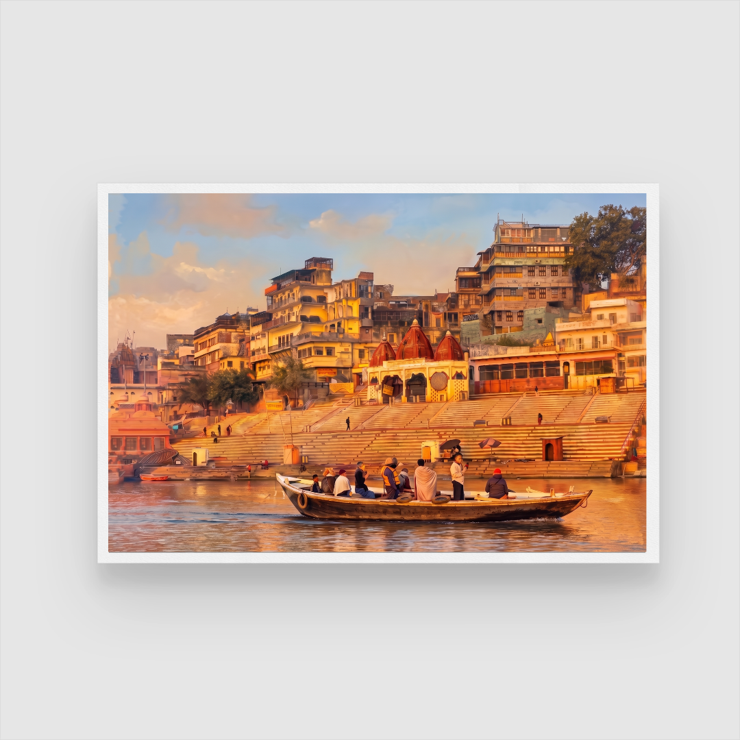 Varanasi Ghat Painting for Living Room | Banaras Spiritual Wall Art | Giclée Print 3 : 2 Horizontal Premium Wall Art Canvas by MeriDeewar
