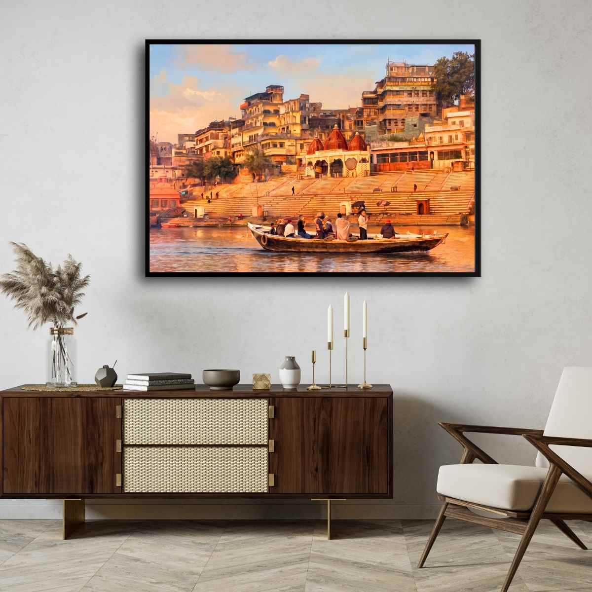 Varanasi Ghat Painting for Living Room | Banaras Spiritual Wall Art | Giclée Print 3 : 2 Horizontal Premium Wall Art Canvas by MeriDeewar