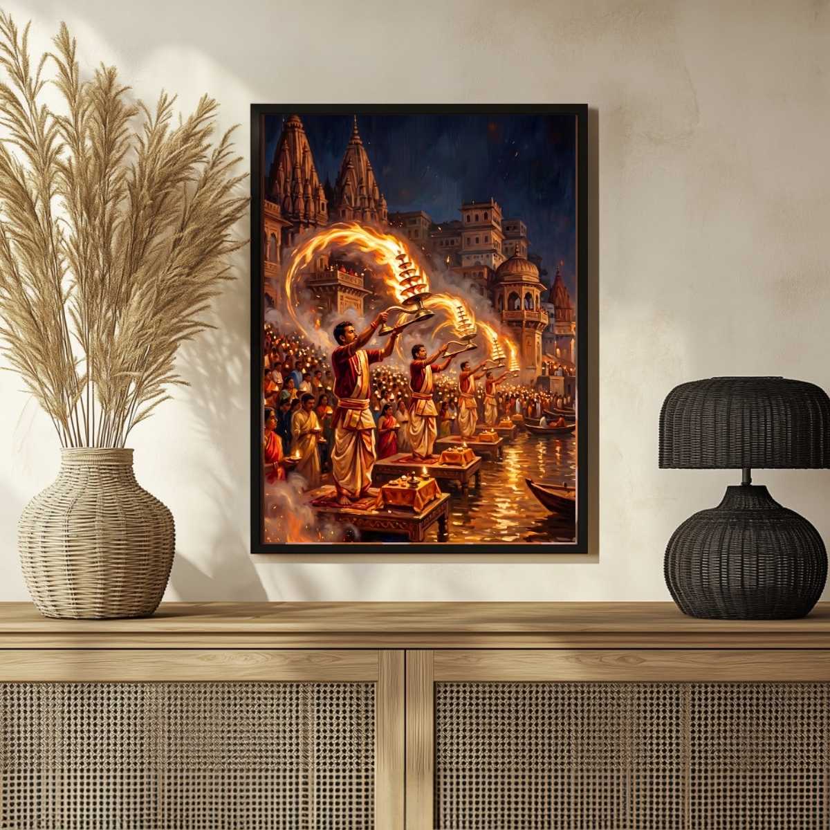 Vibrant Ganga Aarti Varanasi Wall Art | Edge-to-Edge Vertical Oil Painting Print 2 : 3 Vertical Premium Wall Art Canvas by MeriDeewar