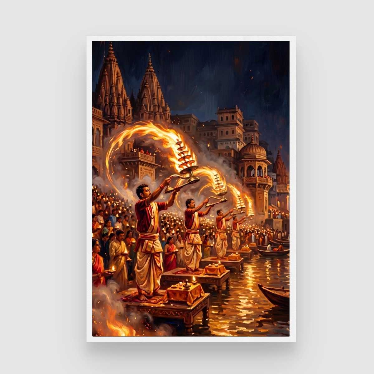 Vibrant Ganga Aarti Varanasi Wall Art | Edge-to-Edge Vertical Oil Painting Print 2 : 3 Vertical Premium Wall Art Canvas by MeriDeewar