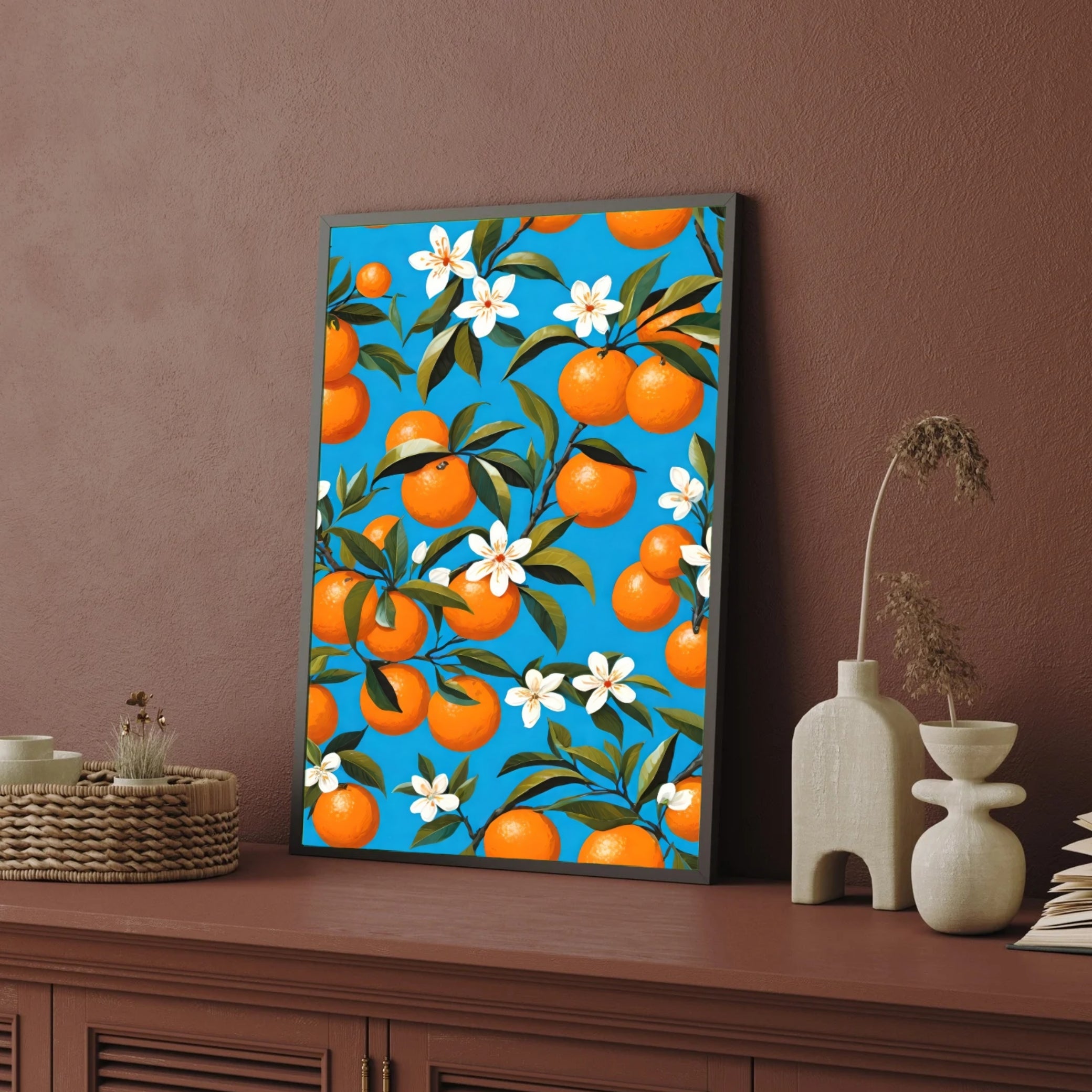 Vibrant Oranges & Blossoms – Summer Wall Painting 2 : 3 Vertical Premium Wall Art Canvas by MeriDeewar