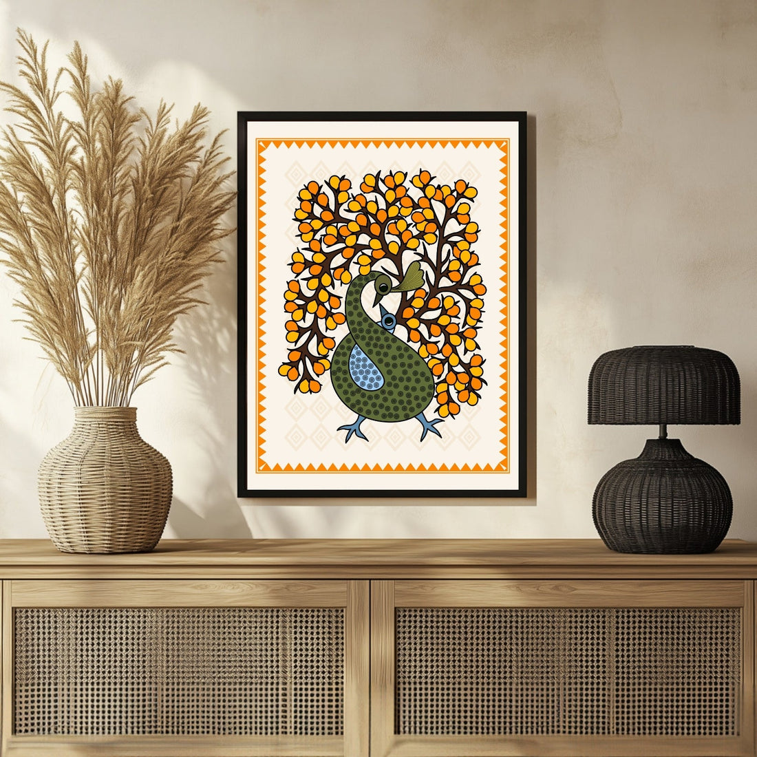 Vibrant Peacock Gond Mother & Child Art for Your Home Decor 3 : 4 Vertical New Premium Wall Art Canvas by MeriDeewar