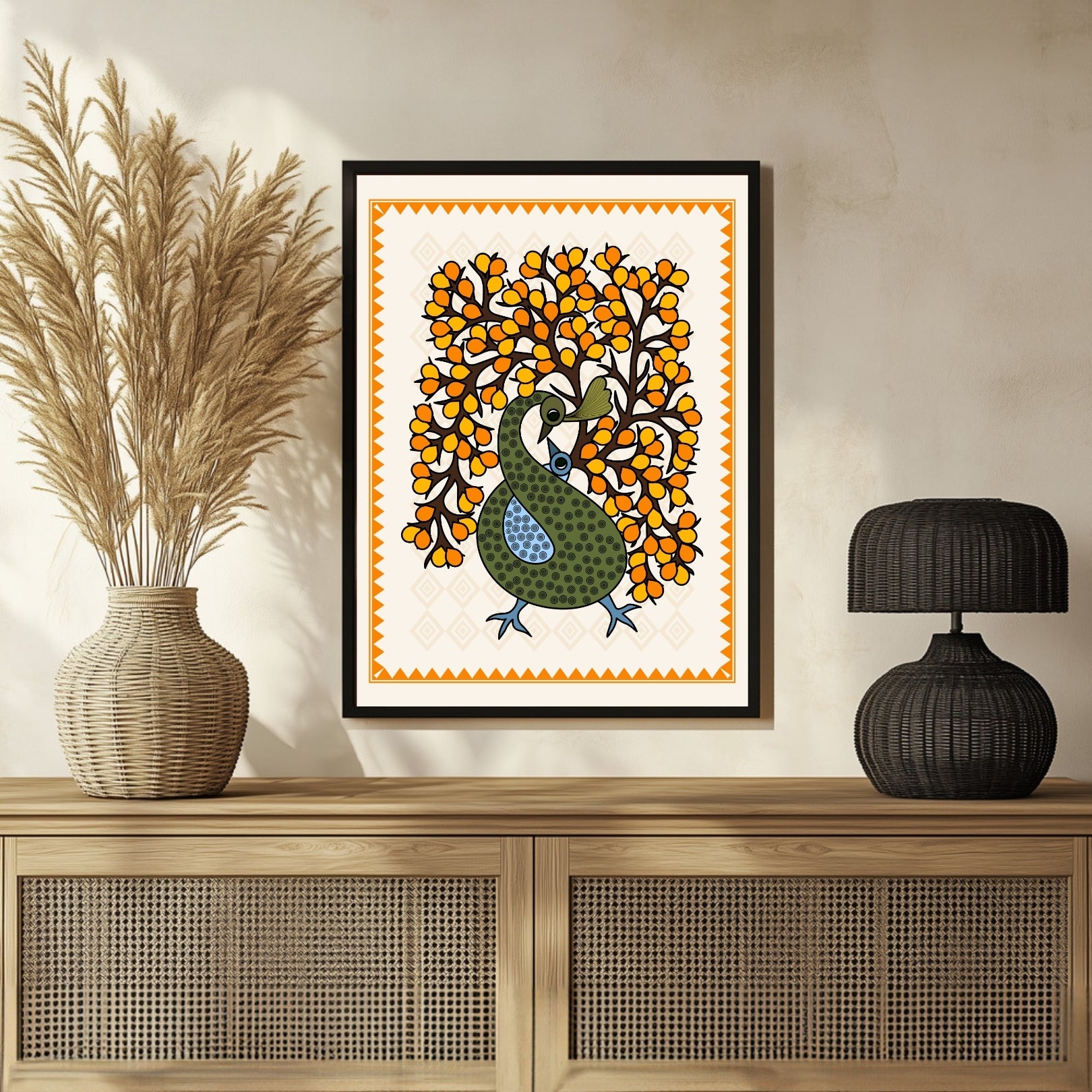 Vibrant Peacock Gond Mother & Child Art for Your Home Decor 3 : 4 Vertical New Premium Wall Art Canvas by MeriDeewar