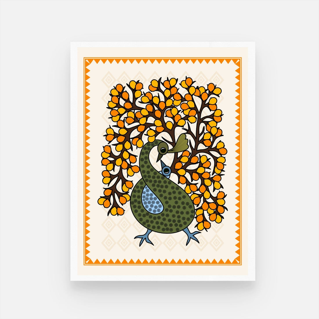 Vibrant Peacock Gond Mother & Child Art for Your Home Decor 3 : 4 Vertical New Premium Wall Art Canvas by MeriDeewar