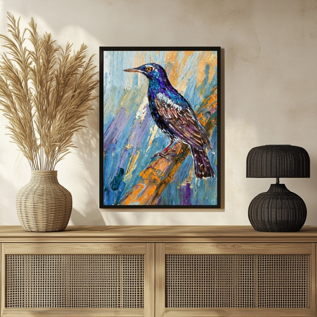 Vibrant Starling Bird Abstract Art – MeriDeewar.com Exclusive 3 : 4 Vertical New Premium Wall Art Canvas by MeriDeewar