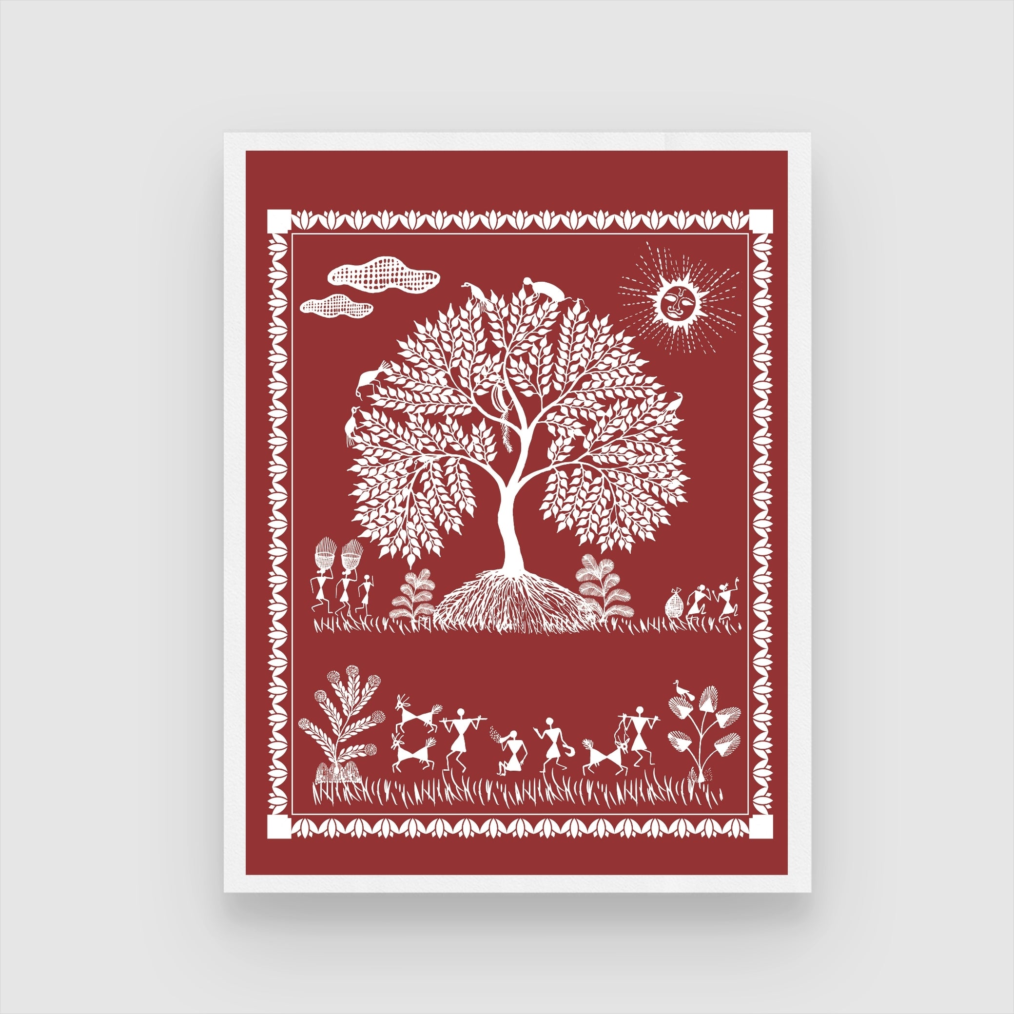 Vibrant Warli Art: Tribal Village Celebration by MeriDeewar 3 : 4 Vertical New Premium Wall Art Canvas by MeriDeewar
