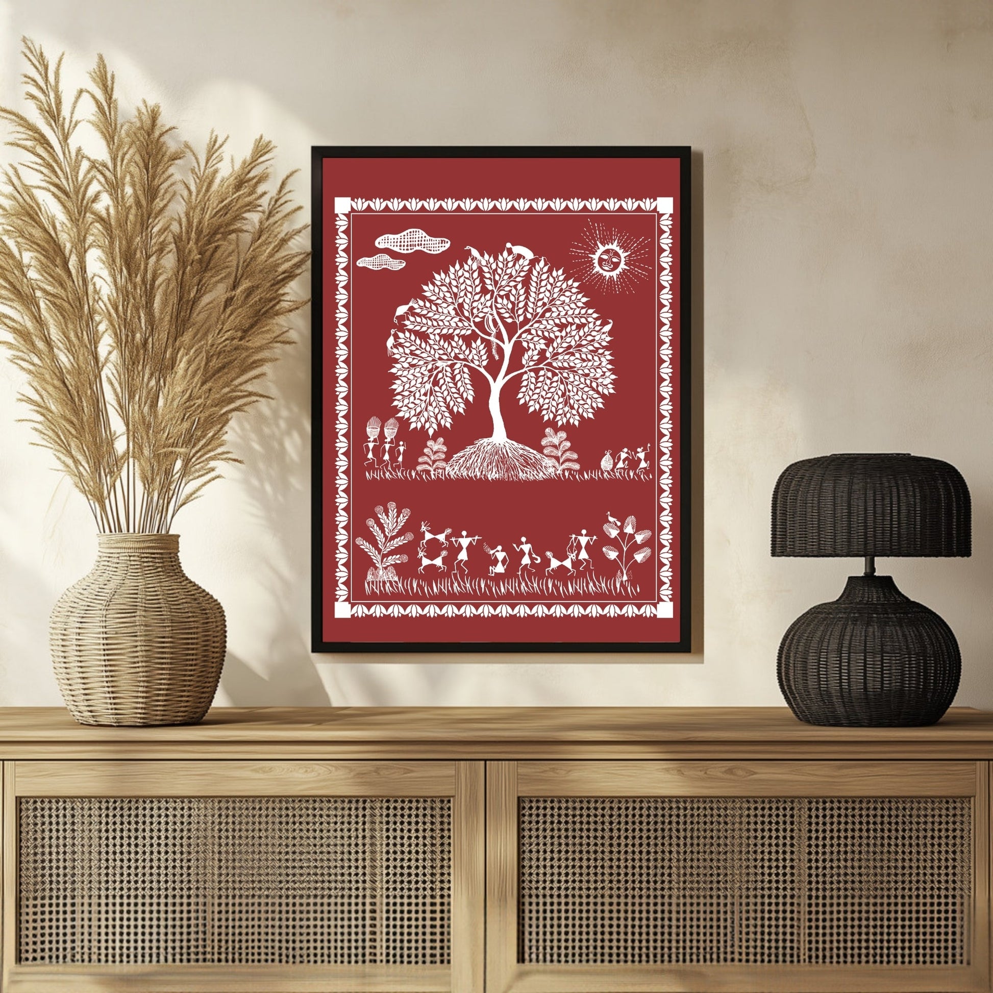 Vibrant Warli Art: Tribal Village Celebration by MeriDeewar 3 : 4 Vertical New Premium Wall Art Canvas by MeriDeewar