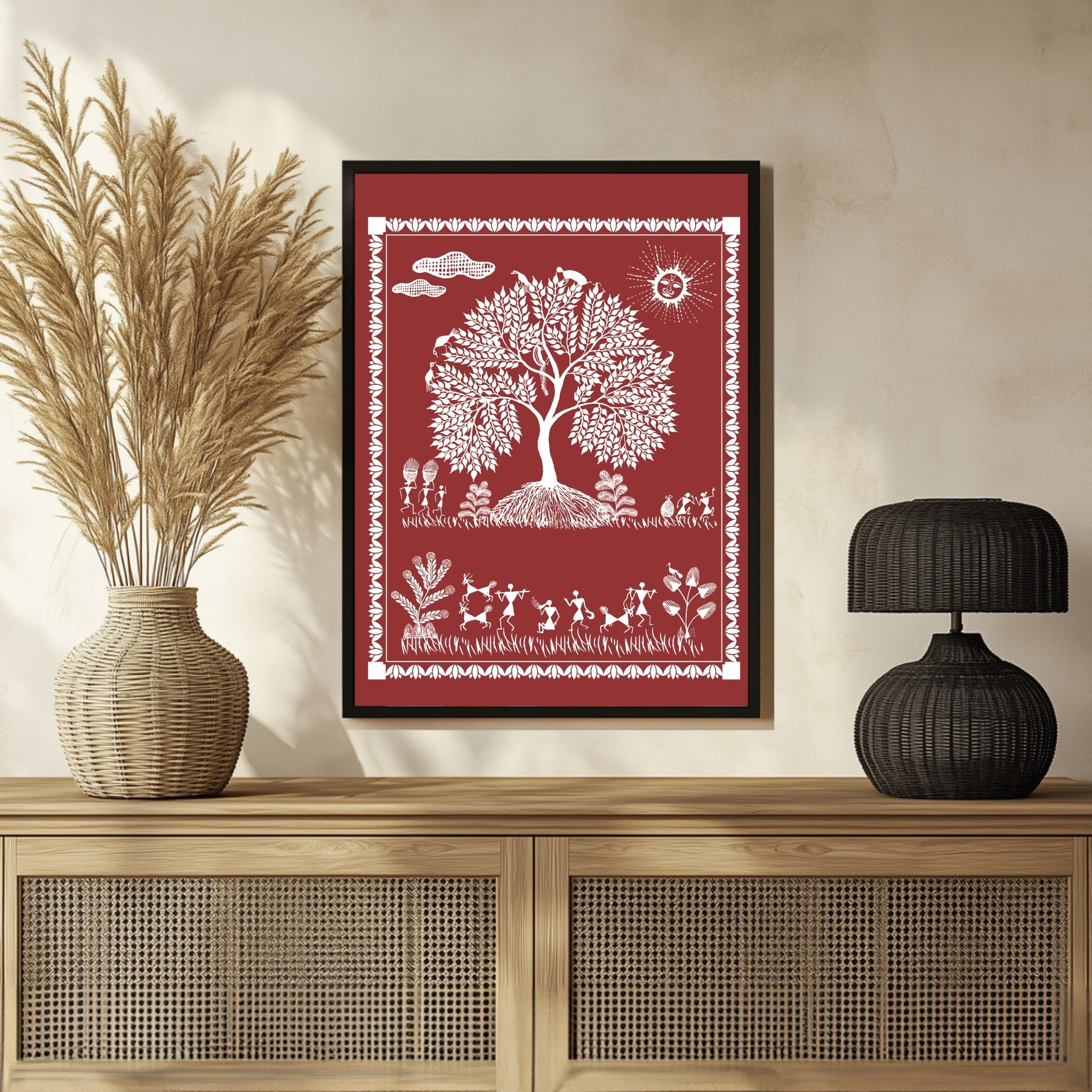 Vibrant Warli Art: Tribal Village Celebration by MeriDeewar 3 : 4 Vertical New Premium Wall Art Canvas by MeriDeewar