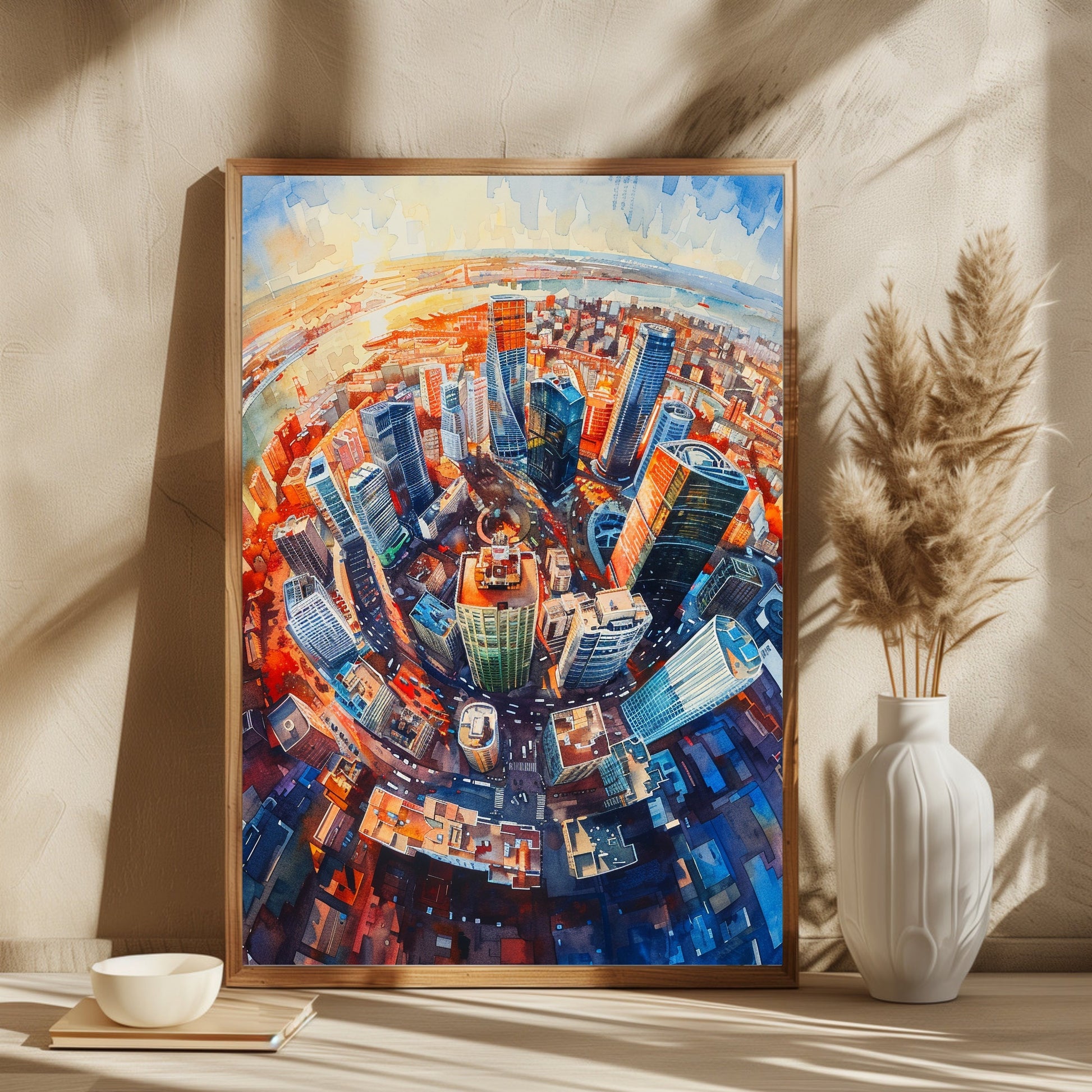 Vibrant Watercolor Cityscape Art - MeriDeewar Exclusive Painting 2 : 3 Vertical Premium Wall Art Canvas by MeriDeewar