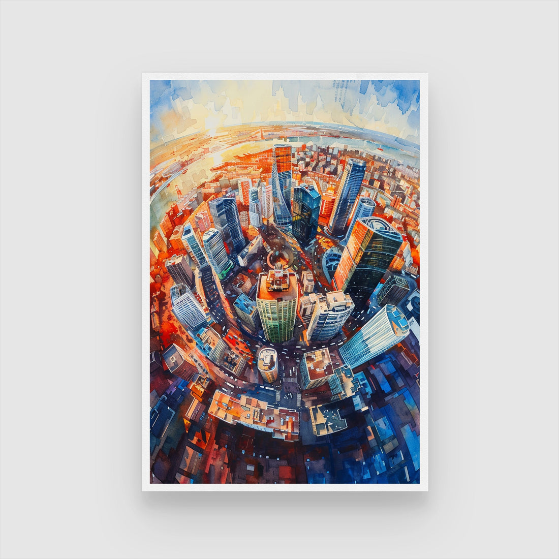 Vibrant Watercolor Cityscape Art - MeriDeewar Exclusive Painting 2 : 3 Vertical Premium Wall Art Canvas by MeriDeewar
