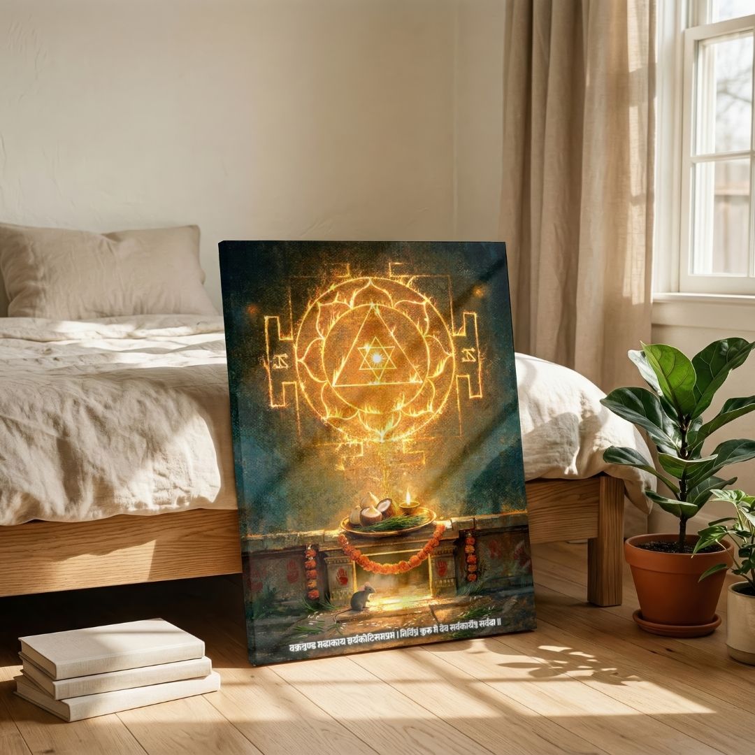 Vighnaharta | Sacred Ganesha Yantra, Traditional Naivedya & Shloka Vertical Canvas Curate Premium Wall Art Canvas by MeriDeewar