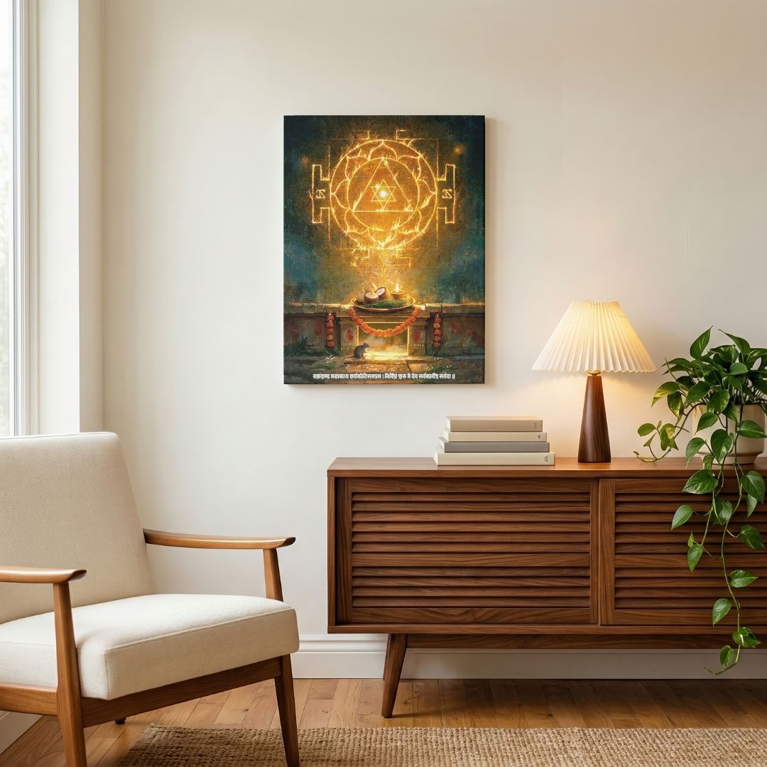 Vighnaharta | Sacred Ganesha Yantra, Traditional Naivedya & Shloka Vertical Canvas Curate Premium Wall Art Canvas by MeriDeewar