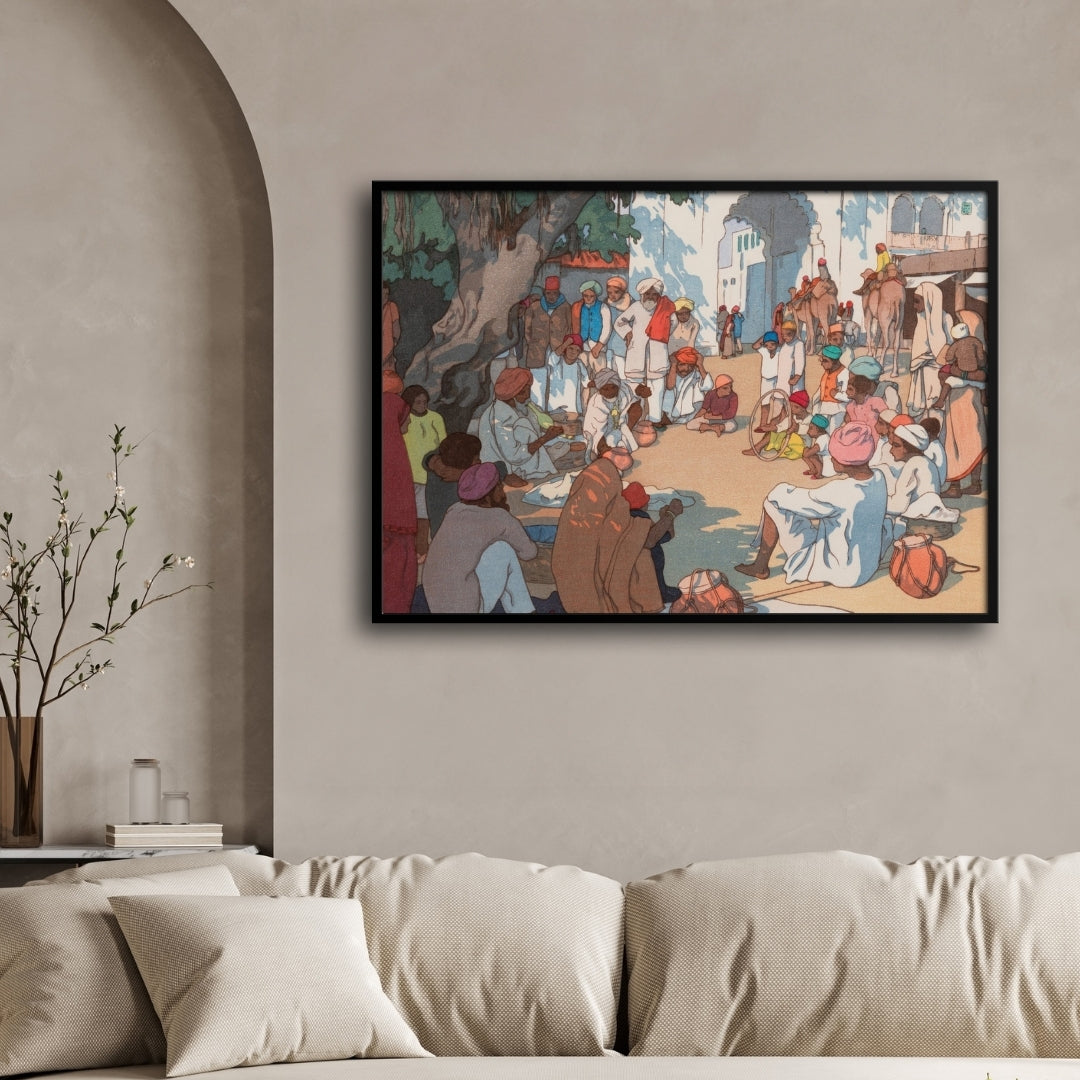 Village Gathering in India – Yoshida Hiroshi Japanese Woodblock Print 2 : 3 Horizontal Premium Wall Art Canvas by MeriDeewar
