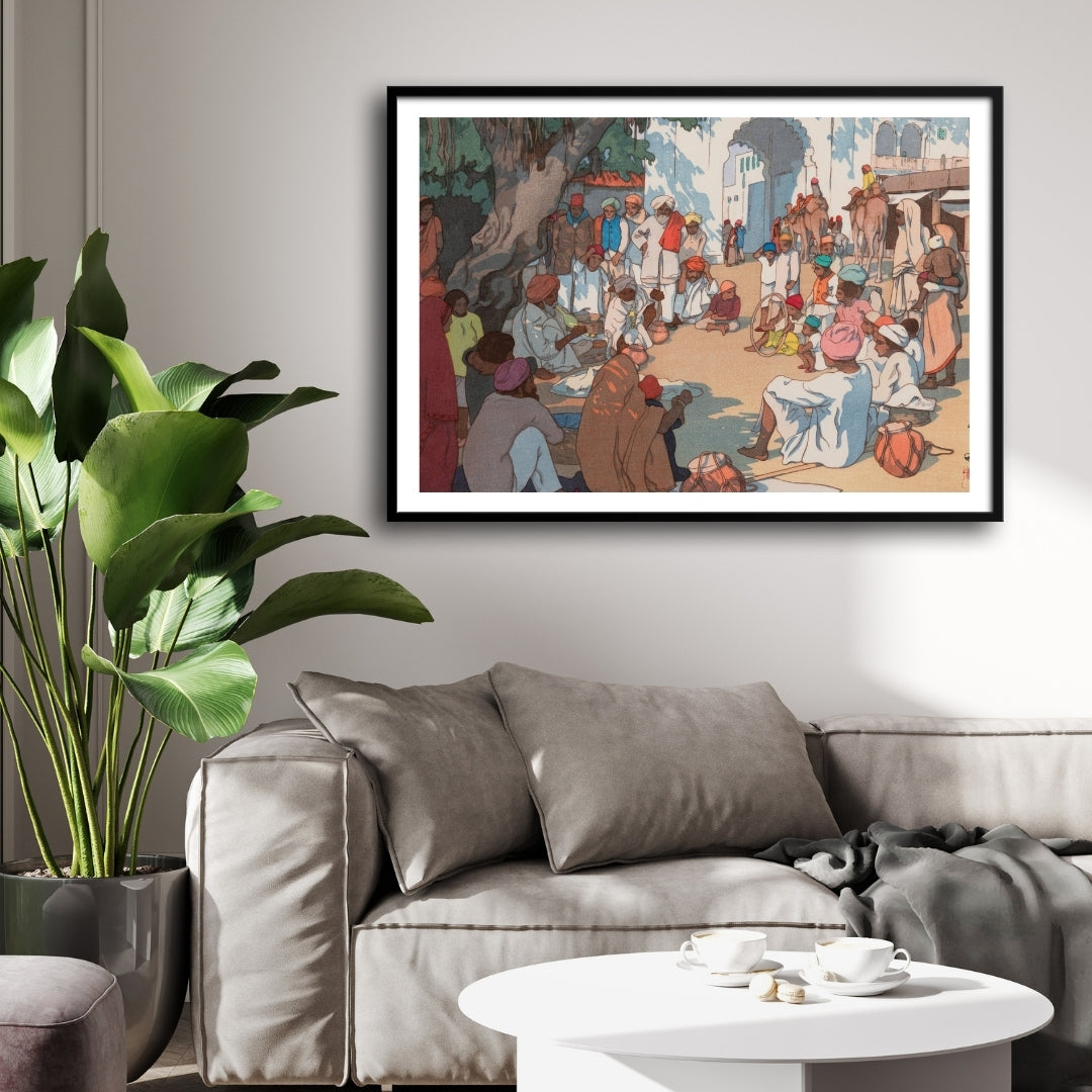Village Gathering in India – Yoshida Hiroshi Japanese Woodblock Print 2 : 3 Horizontal Premium Wall Art Canvas by MeriDeewar