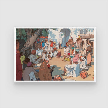 Village Gathering in India – Yoshida Hiroshi Japanese Woodblock Print 2 : 3 Horizontal Premium Wall Art Canvas by MeriDeewar